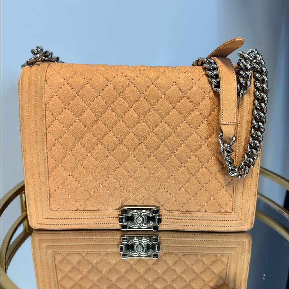 Chanel Caviar Large Neutral Boy Bag Silver Hardware
